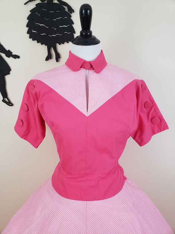 Vintage 1940's Western Dress / 40s Hot Pink Gingh… - image 3