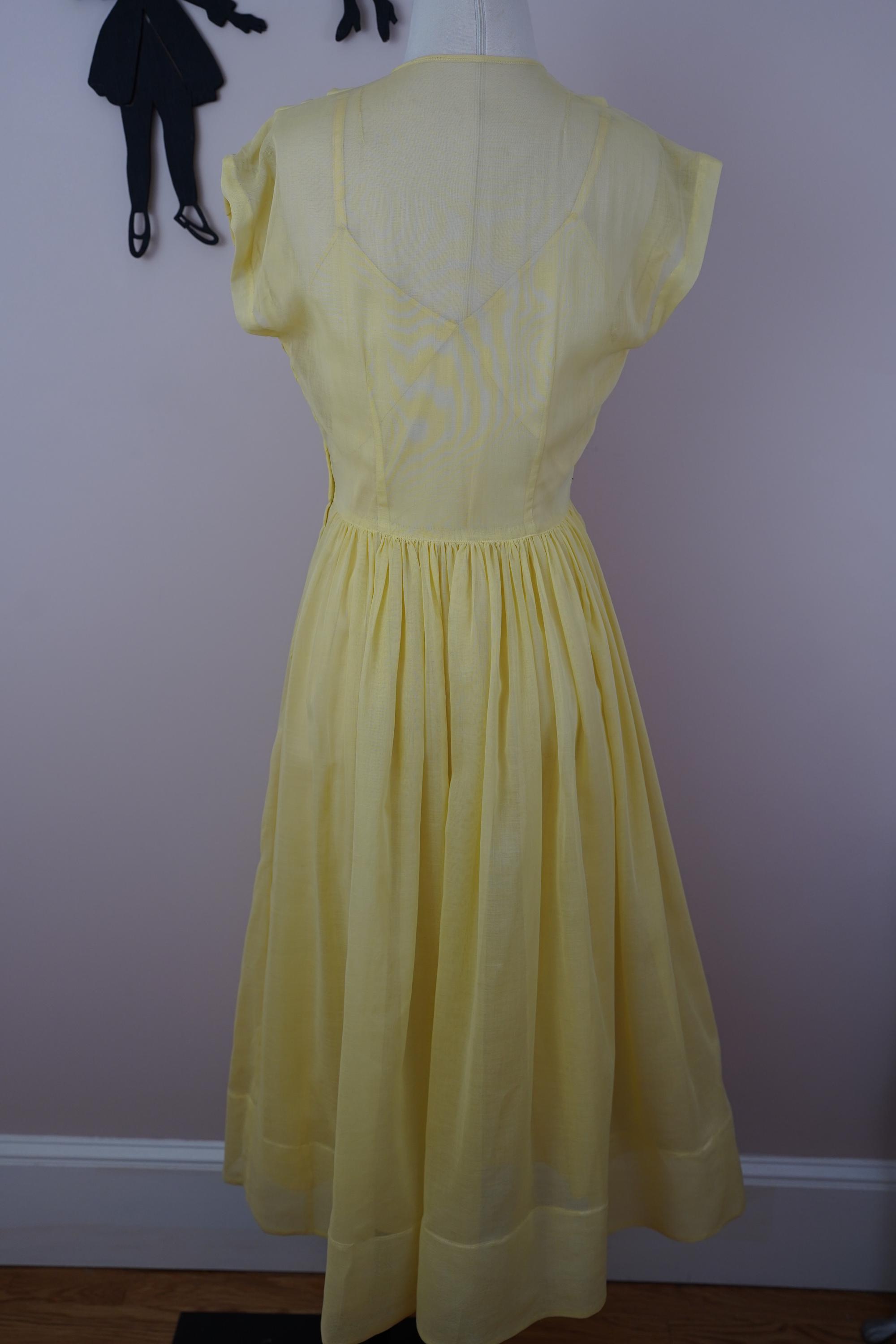 Vintage 1940's Pin Tuck Dress / 40s Yellow Sheer Day Dress S