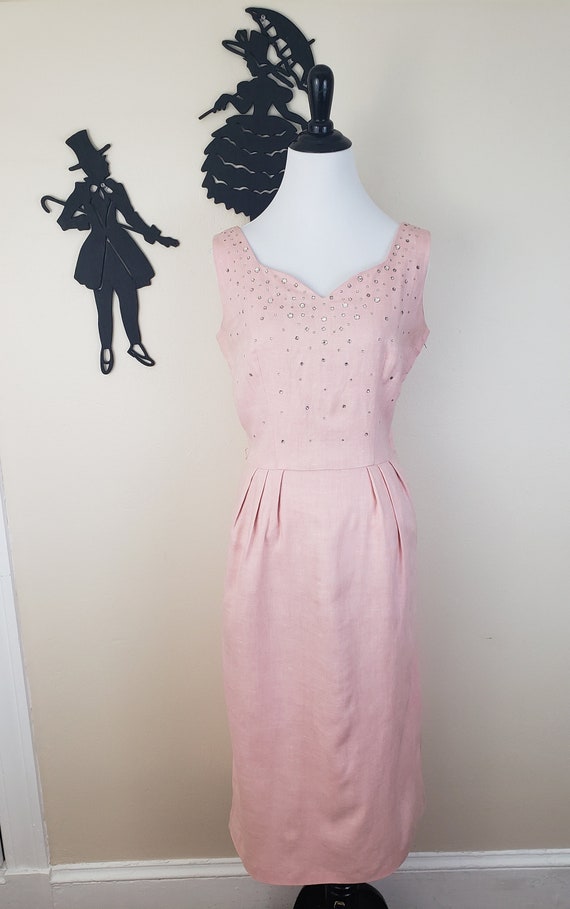 Vintage 1950's Blush Linen Dress / 50s Rhinestone… - image 3