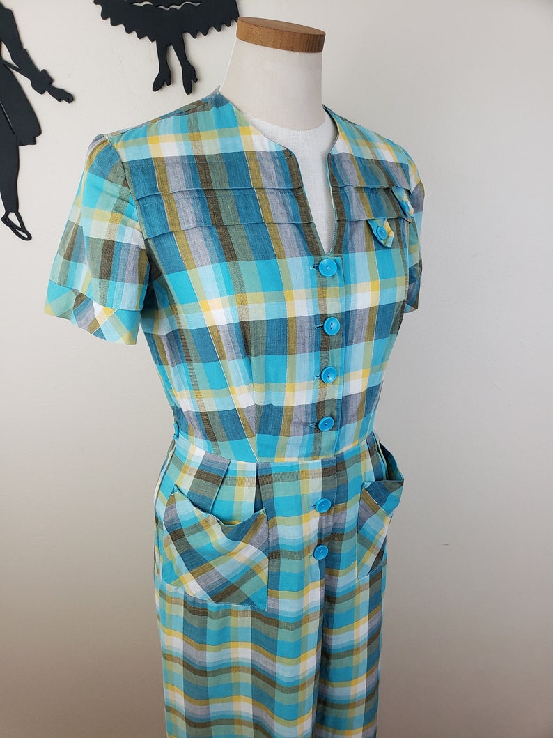 Vintage 1950/'s Plaid Dress 60s Day Dress L