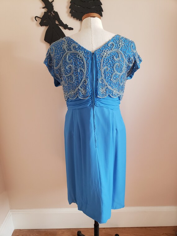 Vintage 1950's Beaded Cocktail Dress / 60s Blue F… - image 6