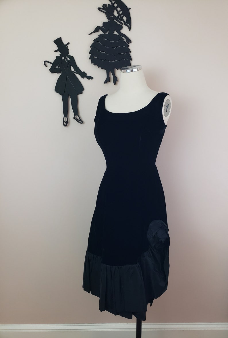 Vintage 1950's Velvet Cocktail Dress / 60s Black Formal Dress S image 2