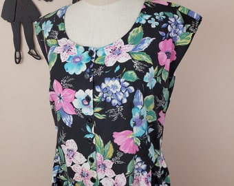 Vintage 1980's Cotton Floral Dress / 90s Black Floral Day Dress XL