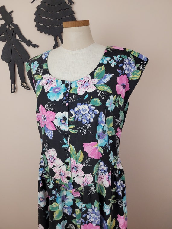 Vintage 1980's Cotton Floral Dress / 90s Black Flo