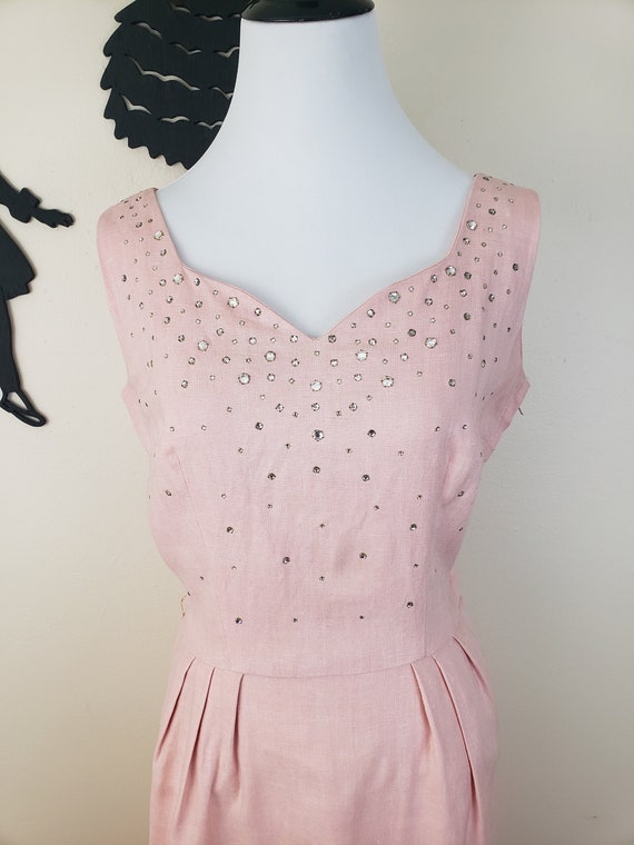 Vintage 1950's Blush Linen Dress / 50s Rhinestone… - image 4