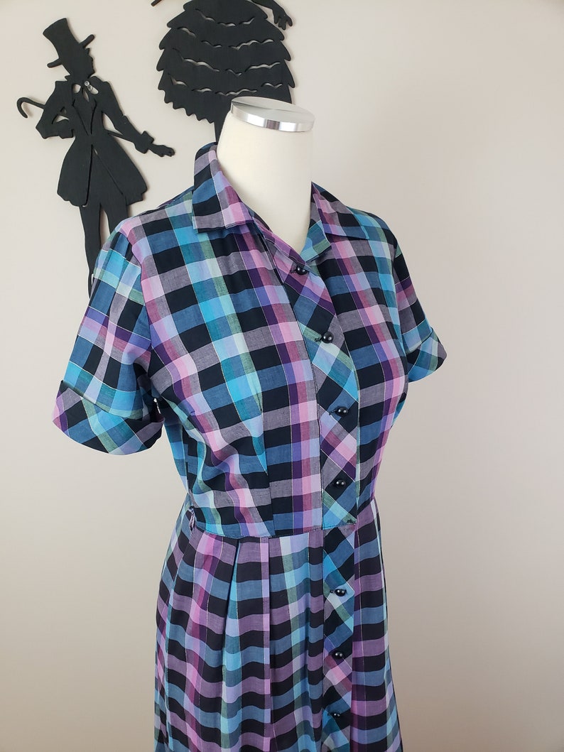 Vintage 1950's Rainbow Plaid Dress / 50s Cotton Day Dress M image 5