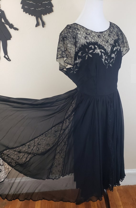 Vintage 1940's Black Lace Dress / 40s Sheer Formal