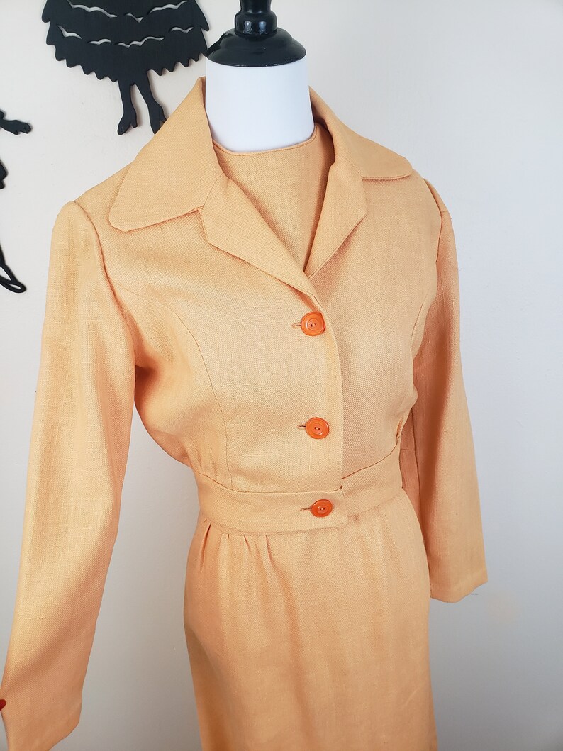 Vintage 1960's Peach Dress and Jacket Set / 70s Orange Dress and Coat S image 4