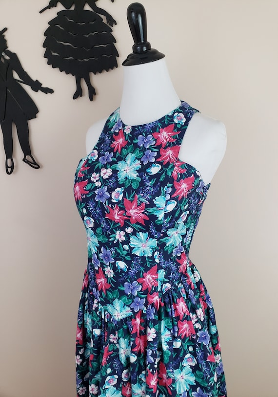 Vintage 1980's Racerback Dress / 90s Floral Day D… - image 1