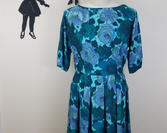 Vintage 1950's Blue Floral Dress / 50s Cotton Blue Rose Dress L