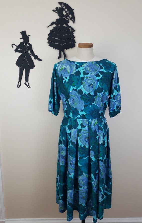 Vintage 1950's Blue Floral Dress / 50s Cotton Blue
