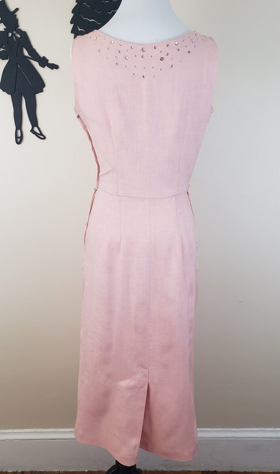 Vintage 1950's Blush Linen Dress / 50s Rhinestone… - image 6