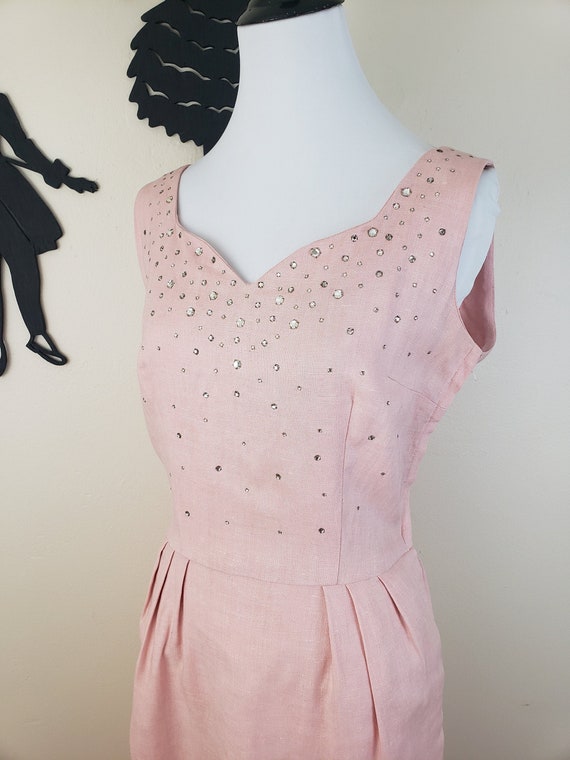 Vintage 1950's Blush Linen Dress / 50s Rhinestone… - image 1