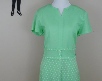 Vintage 1960's Mint Polka Dot Dress / 60s Polyester Day Dress L/XL