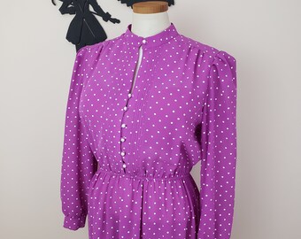 Vintage 1980's Purple Polka Dot Dress / 80s Poly Day Dress L