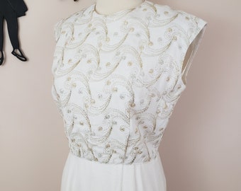 Vintage 1950's L'Aiglon Tinsel Dress / 60s White Linen Party Cocktail Dress S/M