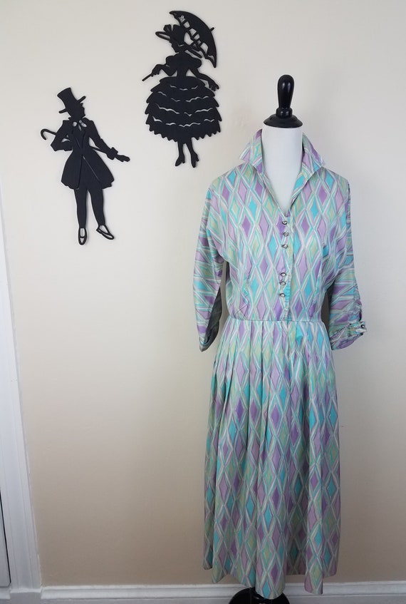 Vintage 1950's Harlequin Shirt Waist Dress / 60s … - image 2