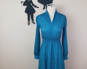 Vintage 1970's Micro Floral Dress / 80s Poly Day Dress XS/S