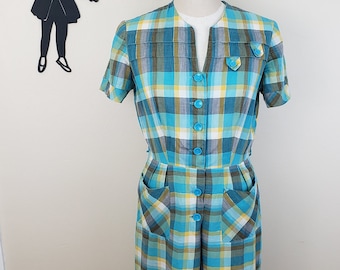 Vintage 1950's Plaid Dress / 60s Day Dress L