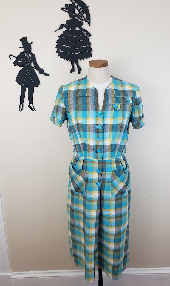 Vintage 1950's Plaid Dress / 60s Day Dress L