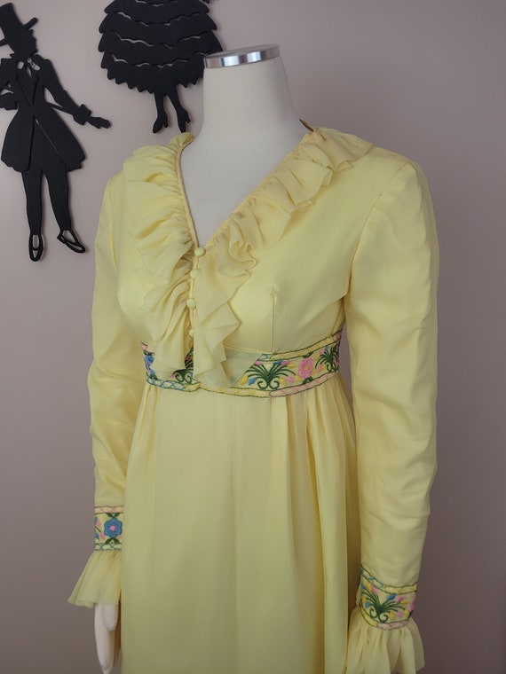 Vintage 1960's Yellow Embroidered Maxi Dress / 70… - image 1