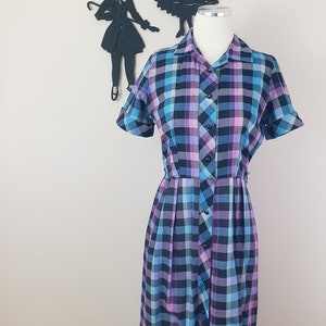 Vintage 1950's Rainbow Plaid Dress / 50s Cotton Day Dress M image 2