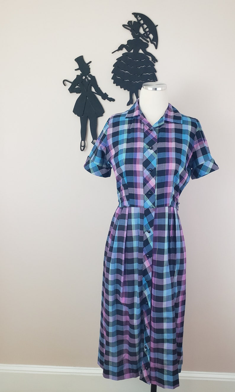 Vintage 1950's Rainbow Plaid Dress / 50s Cotton Day Dress M image 2