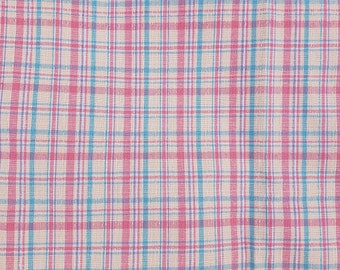 Vintage 1960's Pink Plaid Print Fabric / 70s Red Blue Checked Fabric