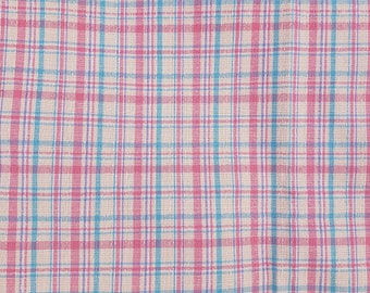 Vintage 1960's Pink Plaid Print Fabric / 70s Red Blue Flocked Fabric