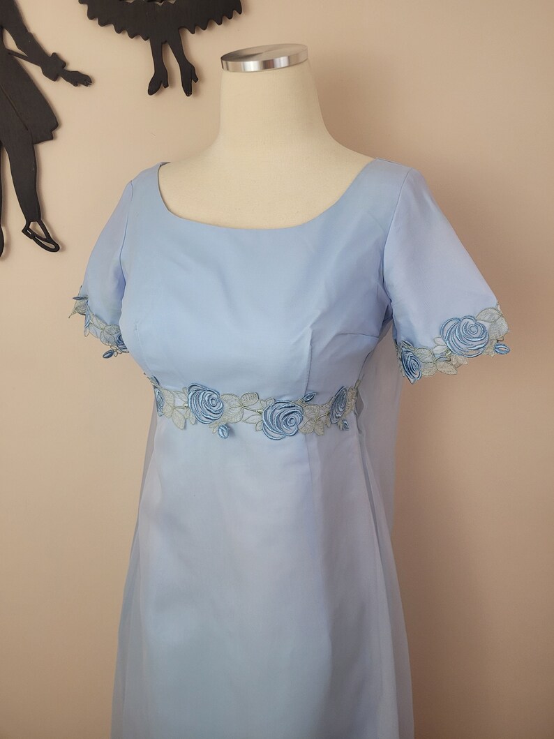 Vintage 1960's Blue Embroidered Maxi Dress / 70s Prom Formal Dress S image 5