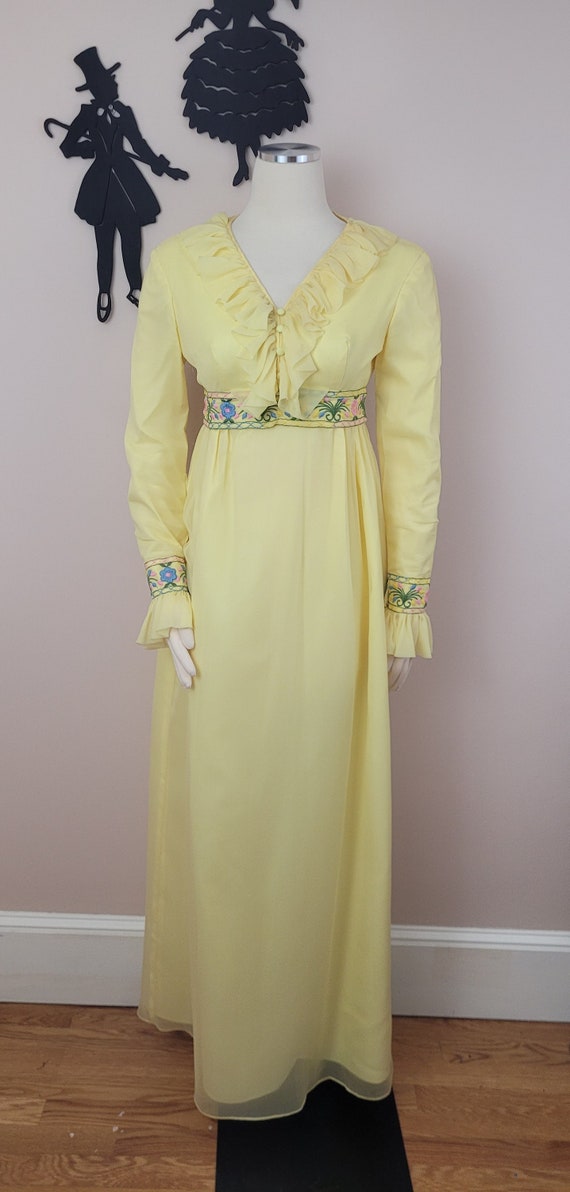 Vintage 1960's Yellow Embroidered Maxi Dress / 70… - image 3