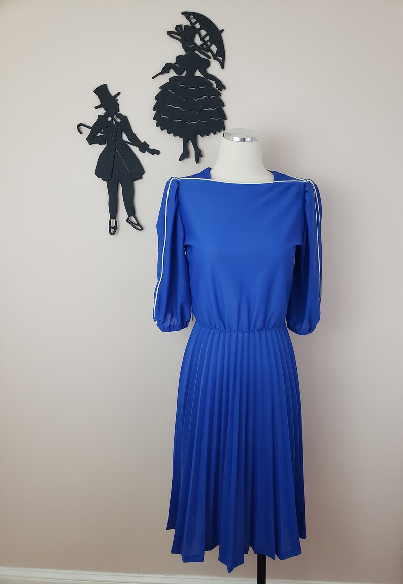 Vintage 1980's Blue Dress / 80s Day Dress S image 2