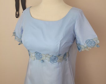 Vintage 1960's Blue Embroidered Maxi Dress / 70s Prom Formal Dress S