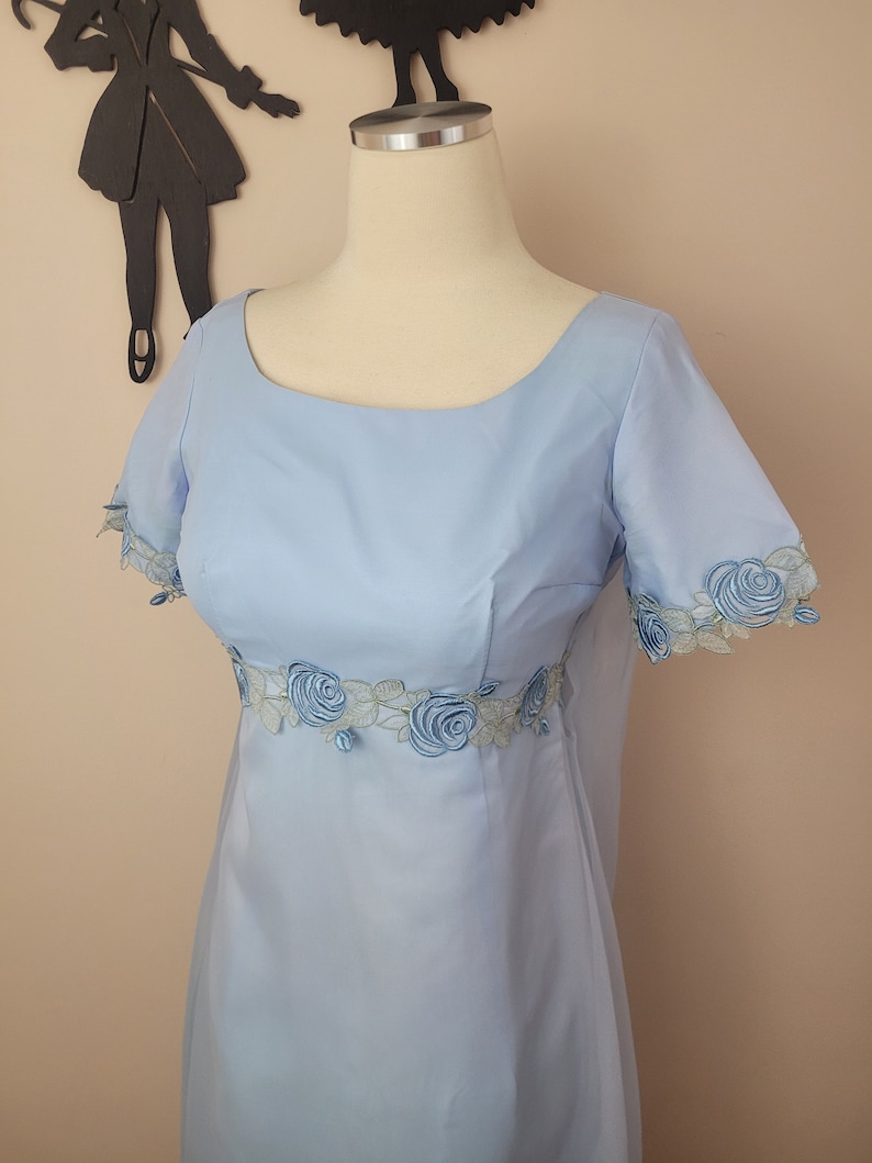 Vintage 1960's Blue Embroidered Maxi Dress / 70s Prom Formal Dress S image 1