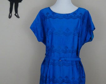 Vintage 1950's Satin Cocktail Dress / 50s Bright Blue Embroidered Dress XL/XXL