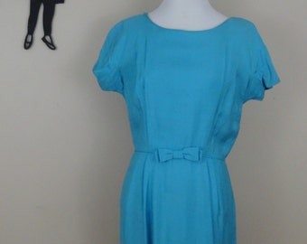 Vintage 1950's Day Dress / 50s Blue Bow Dress M