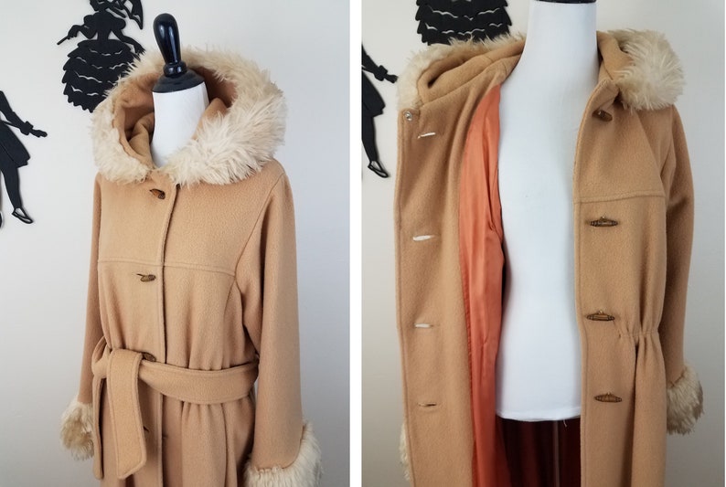 Vintage 1970's Faux Fur Coat / 70s Hooded Jacket M afbeelding 8