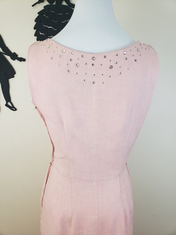 Vintage 1950's Blush Linen Dress / 50s Rhinestone… - image 7