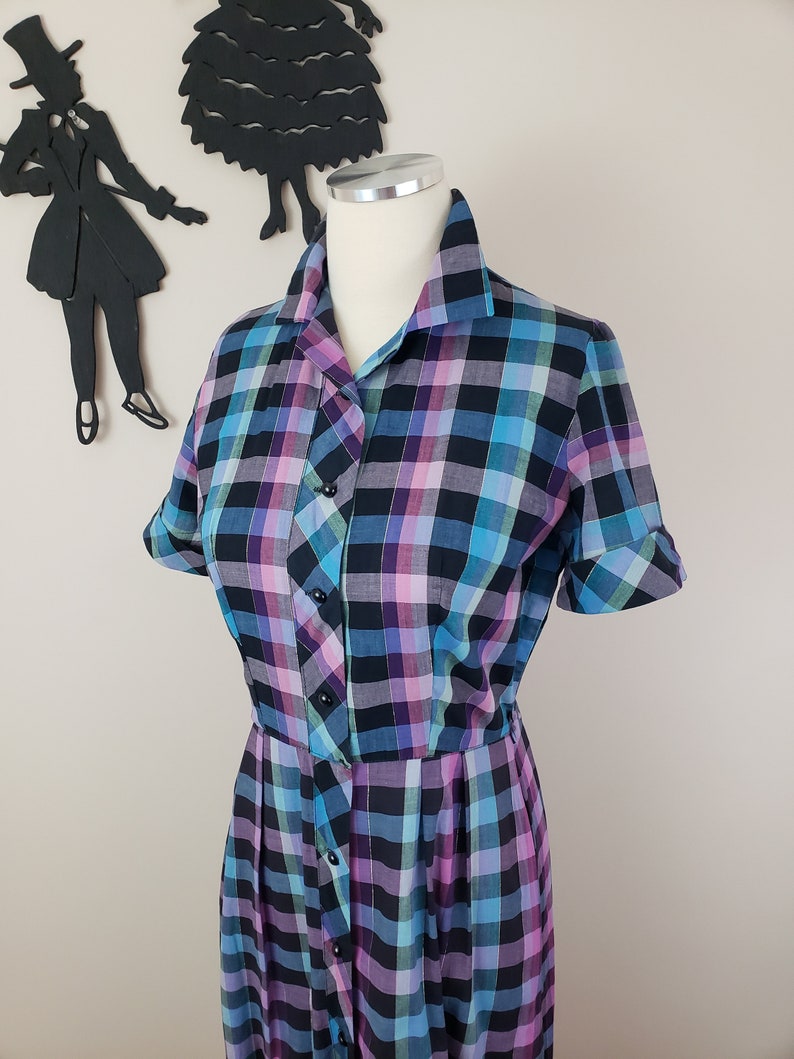 Vintage 1950's Rainbow Plaid Dress / 50s Cotton Day Dress M image 7