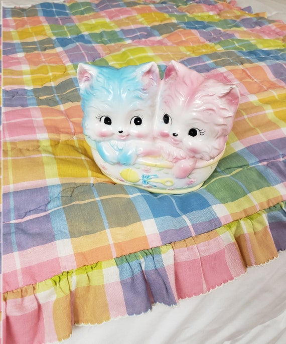 Vintage 1970's Rainbow Blanket / 80s Plaid Baby Crib Blanket