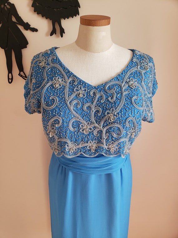 Vintage 1950's Beaded Cocktail Dress / 60s Blue F… - image 3