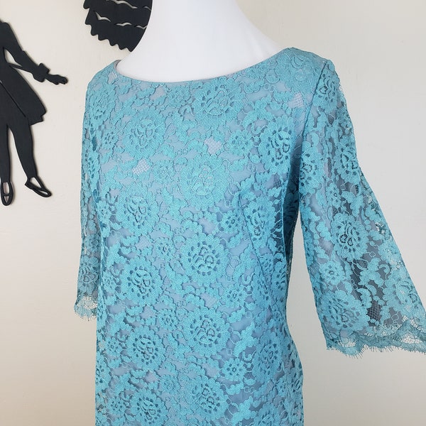 Vintage 1960's Lace Cocktail Dress / 60s Blue Formal Dress S