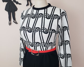 Vintage 1960's Black and White Mod Dress / 70s Polyester Shift Day Dress L/XL