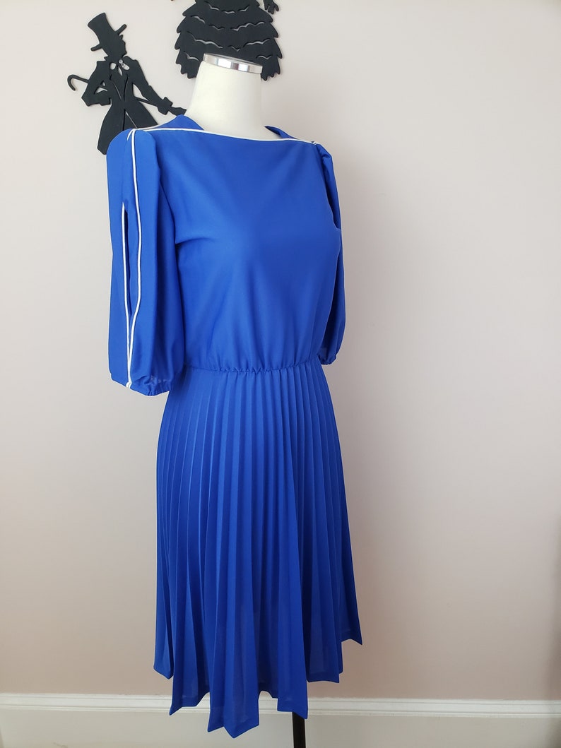 Vintage 1980's Blue Dress / 80s Day Dress S image 7