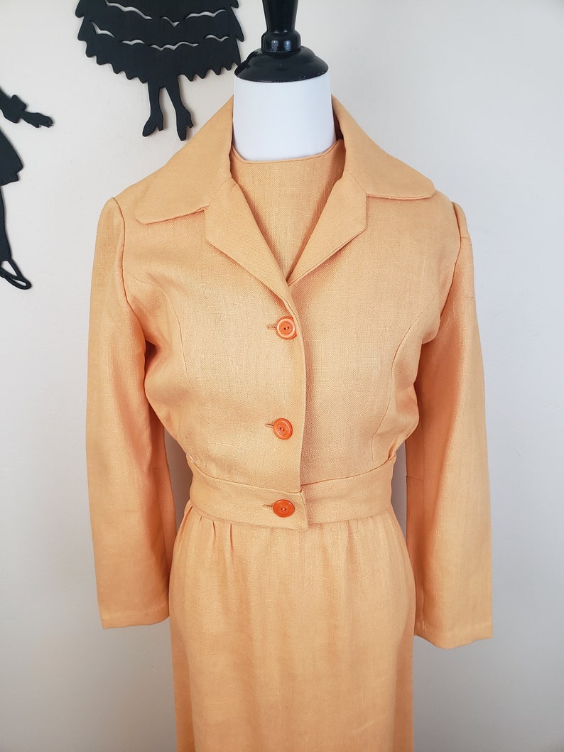 Vintage 1960's Peach Dress and Jacket Set / 70s Orange Dress and Coat S image 3