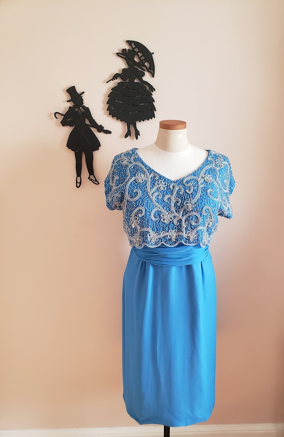 Vintage 1950's Beaded Cocktail Dress / 60s Blue F… - image 2