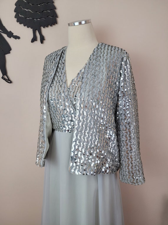 Vintage 1970's Sequin Dress and Jacket 70s Silver Cocktail Blazer Set S