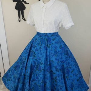 Vintage 1950's Blue Rose Skirt/ 50s Novelty Print Full Circle Skirt XL image 1