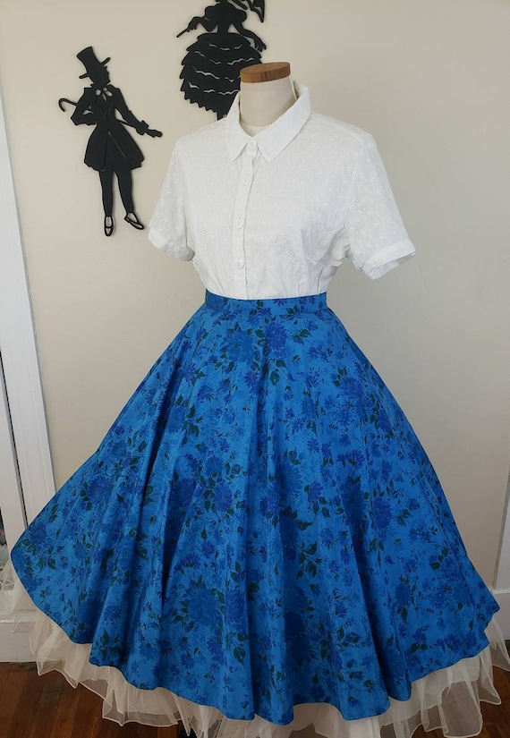 Vintage 1950's Blue Rose Skirt/ 50s Novelty Print 