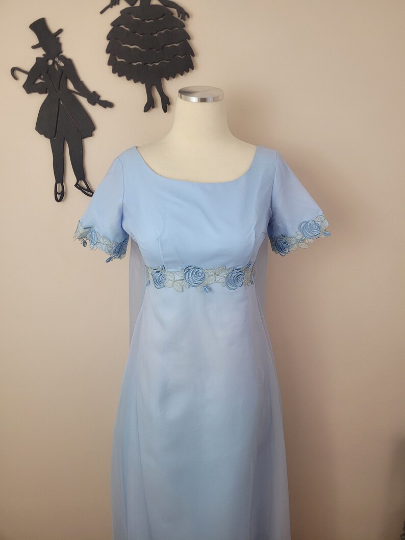 Vintage 1960's Blue Embroidered Maxi Dress / 70s Prom Formal Dress S image 4
